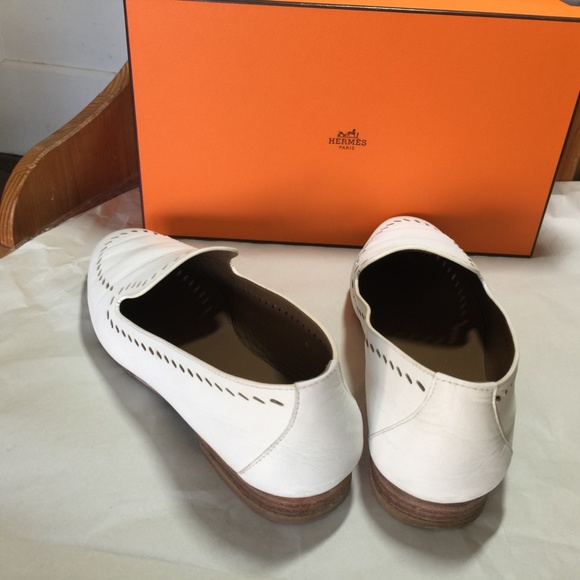 HERMES WHITE LEATHER LOAFERS PERFOR 36-6 flats slides sandals slip on pumps mule - Picture 5 of 7